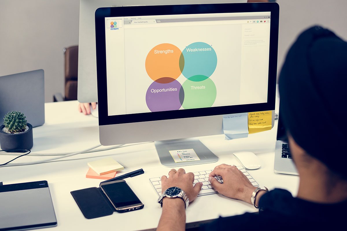 SWOT analysis on a computer screen, relevant to landing page design strategy.